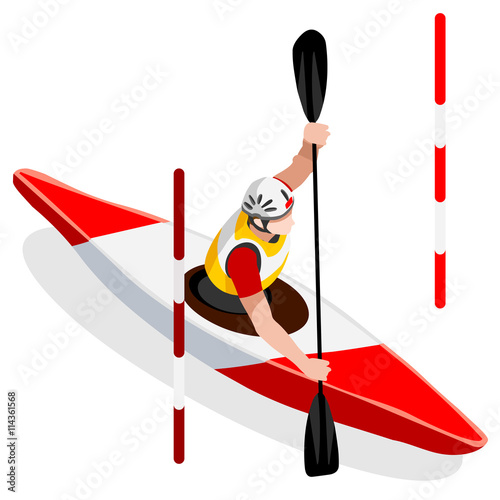 Kayak Slalom Canoe Summer Games Icon Set.3D Isometric Canoeist Paddler.Slalom Kayak Sporting Competition Race.Olympics Sport Infographic Kayak Slalom Vector Illustration