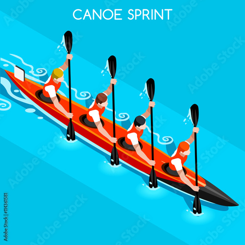 Kayak Sprint Four Summer Games Icon Set.3D Isometric Canoeist Paddler.Sprint Kayak Sporting Competition Race.Olympics Sport Infographic Canoe Kayak Vector Illustration