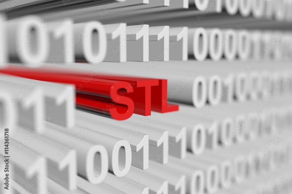 STL as a binary code with blurred background 3D illustration