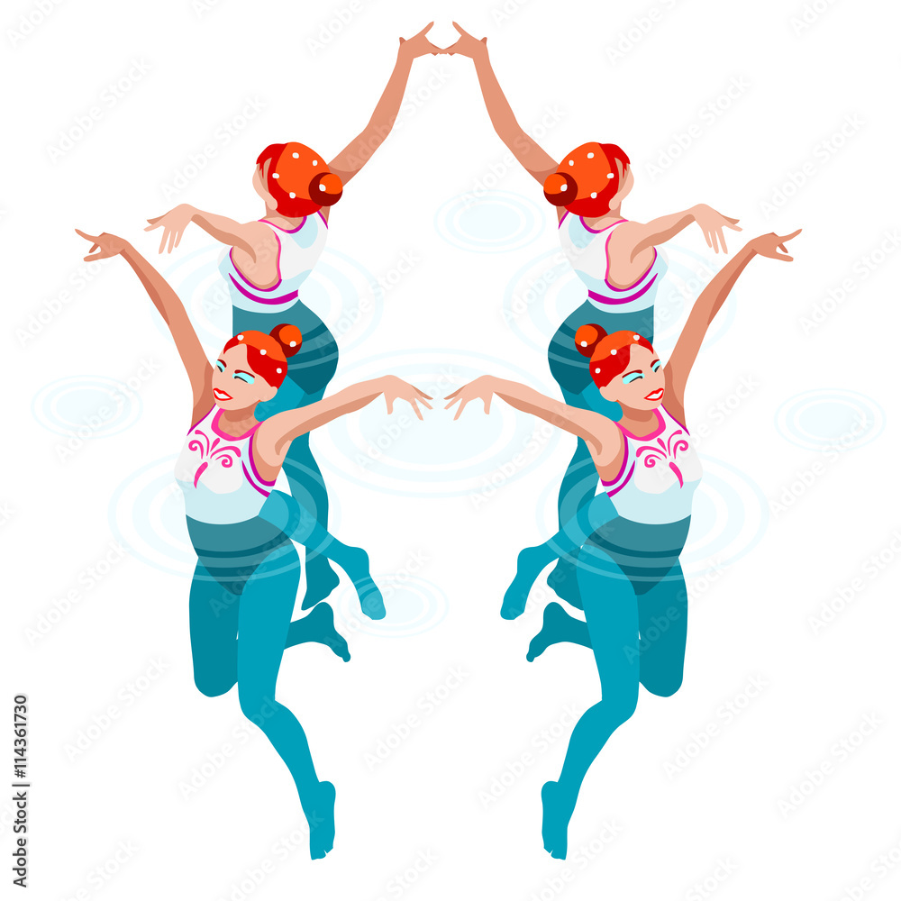 Synchronized Swimming Summer Games Icon Set.3D Isometric Swimmer Team.Water Dance Swimming Sporting International Competition.Olympics Sport Infographic Synchronized Swimming Vector Illustration.