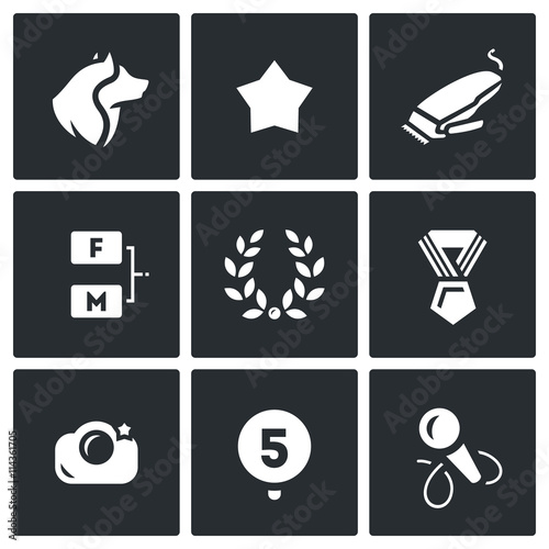 Vector Set of Dog Show Icons. Dog, Breed, Haircut, Pedigree, Glory, Victory, Photosession, Jury, Microphone.