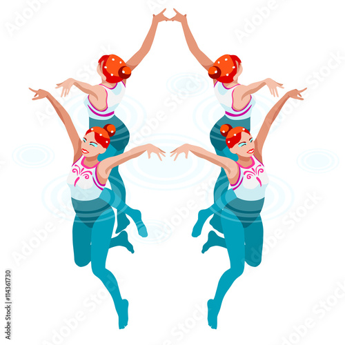Synchronized Swimming Summer Games Icon Set.3D Isometric Swimmer Team.Water Dance Swimming Sporting International Competition.Olympics Sport Infographic Synchronized Swimming Vector Illustration.