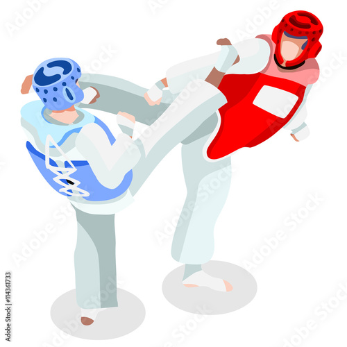 Taekwondo Summer Games Icon Set.3D Isometric Athlete.Sporting Championship International Martial Art Competition.Olympics Sport Infographic Taekwondo Vector Illustration