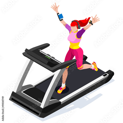 Treadmill Gym Class Working Out. Gym Equipment Treadmill Running Athlete Runners Working Out Gym Class. 3D Flat Isometric Marathon Runners athlete training Vector Image.