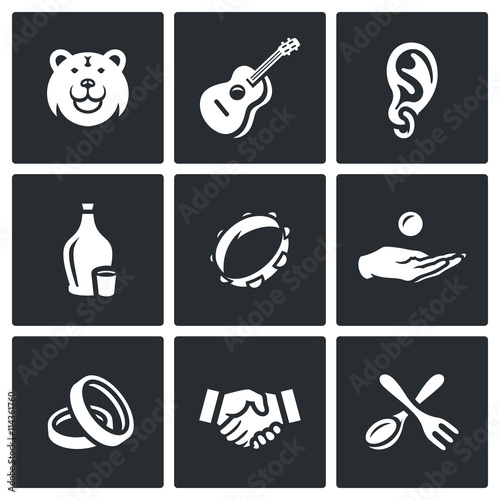 Vector Set of Gypsy Camp Icons. Bear, Guitar, Eear Ring, Alcohol, Tambourine, Beggar, Wedding, Agreement, Silverware.