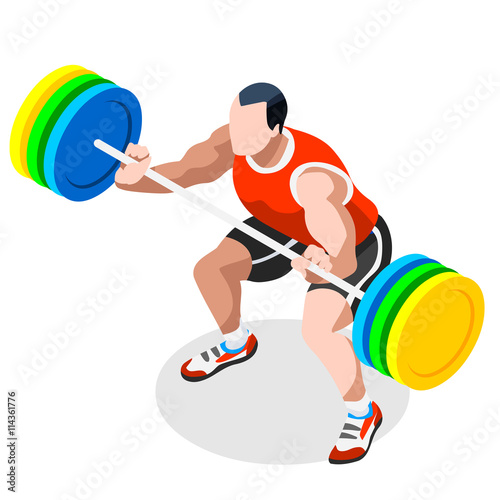Weightlifting 2016 Summer Games Icon Set.3D Isometric Weightlifter Athlete.Sporting Championship International Competition.Olympics Sport Infographic Athletic Weightlifting Vector Illustration