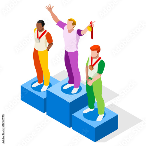 Winner Podium 2016 Sports Icon Set.Speed Concept.3D Isometric Athlete.Olympics Sporting Competition.Sport Infographic Winner Podium Vector Illustration.