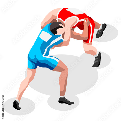 Wrestling Freestyle Fight Summer Games Icon Set.3D Isometric Fighting Athletes.Sporting Championship International Wrestling Competition.Olympics Sport Infographic Freestyle Wrestling Illustration