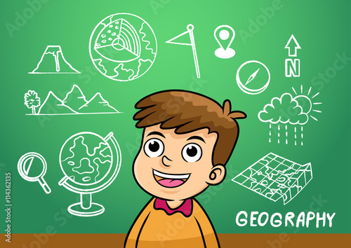 school boy write geography sign object in school blackboard