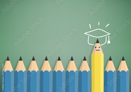 Yellow pencil stand out from the blue pencil with success and gr