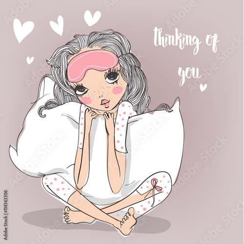 cute cartoon girl with pillow
