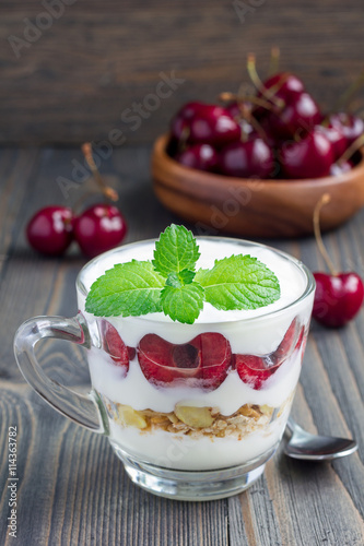 Wallpaper Mural Cherry, muesli and yogurt dessert in glass cup, cherry verrine Torontodigital.ca
