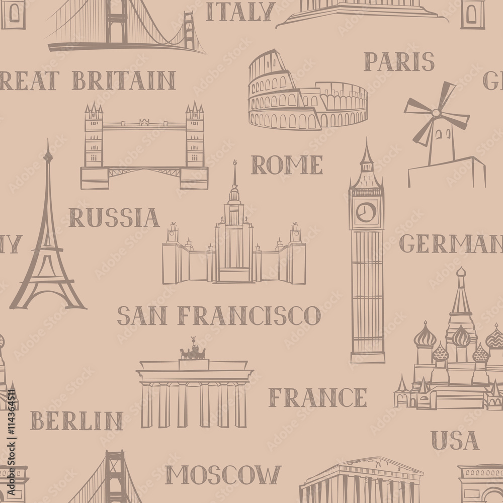 Travel seamless pattern. Vacation in Europe wallpaper. Travel landmarks background