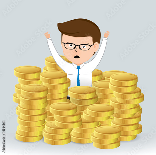 Businessman sinking in a pile of gold coins, Businessman Cartoon character, vector illustration Business Concept