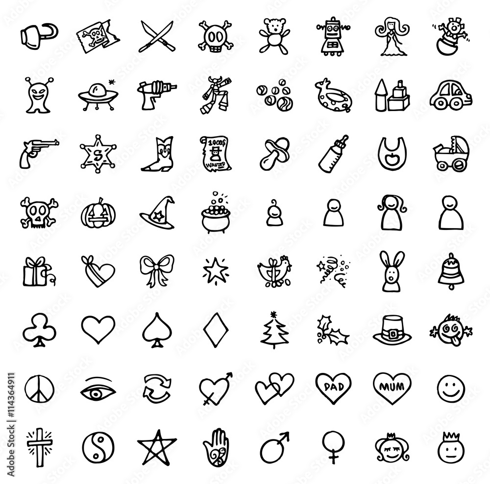 64 black and white hand drawn icons FUN & SYMBOLS Stock Vector