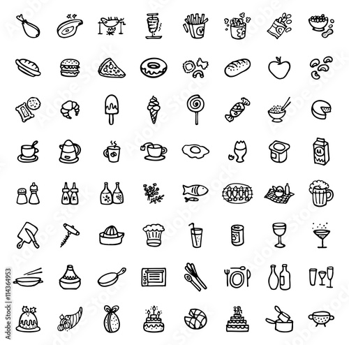 64 black and white hand drawn icons - FOOD   COOKING
