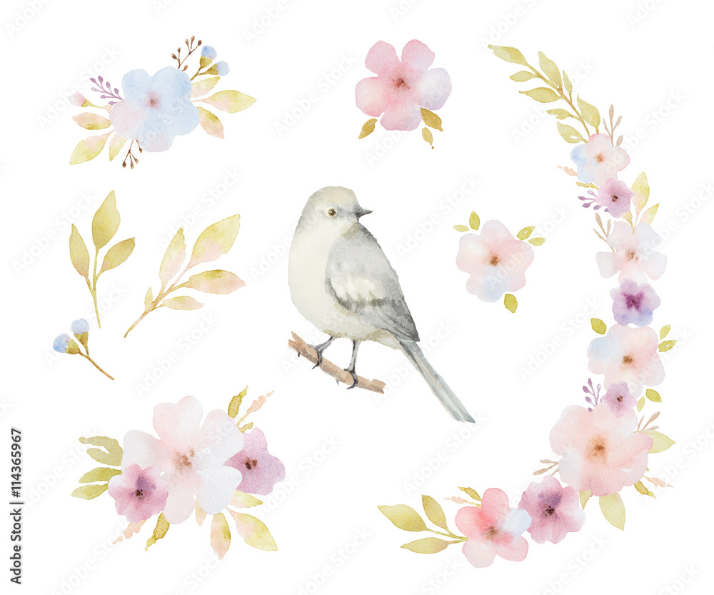 Watercolor set of birds, flowers and bouquets.