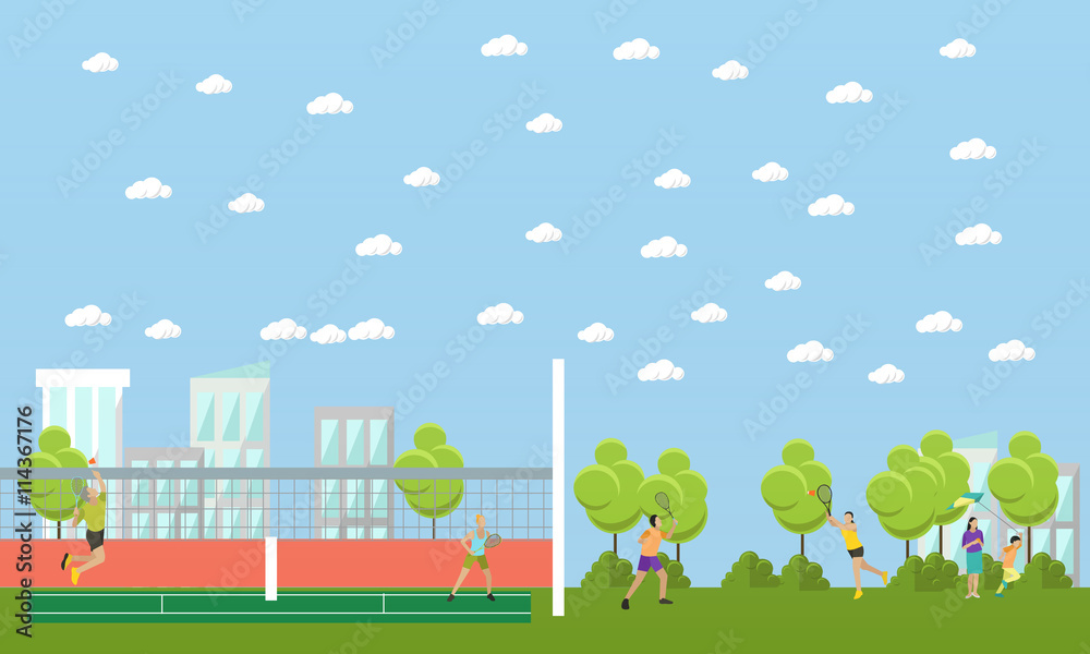 People playing tennis and badminton in a park. Vector sport banners. Professional players on the court People playing tennis and badminton in a park. Vector sport banners. Professional players on the court
