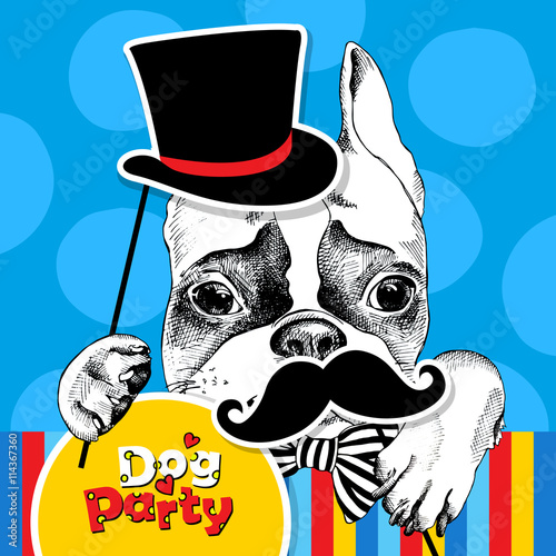 Festive poster with the portrait of a dog Bulldog with the photo booth props. Vector illustration.