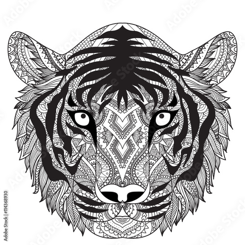 Fototapeta Naklejka Na Ścianę i Meble -  Clean lines doodle design of tiger face, for T-Shirt graphic, tattoo, coloring book for adult and so on -Stock vector

