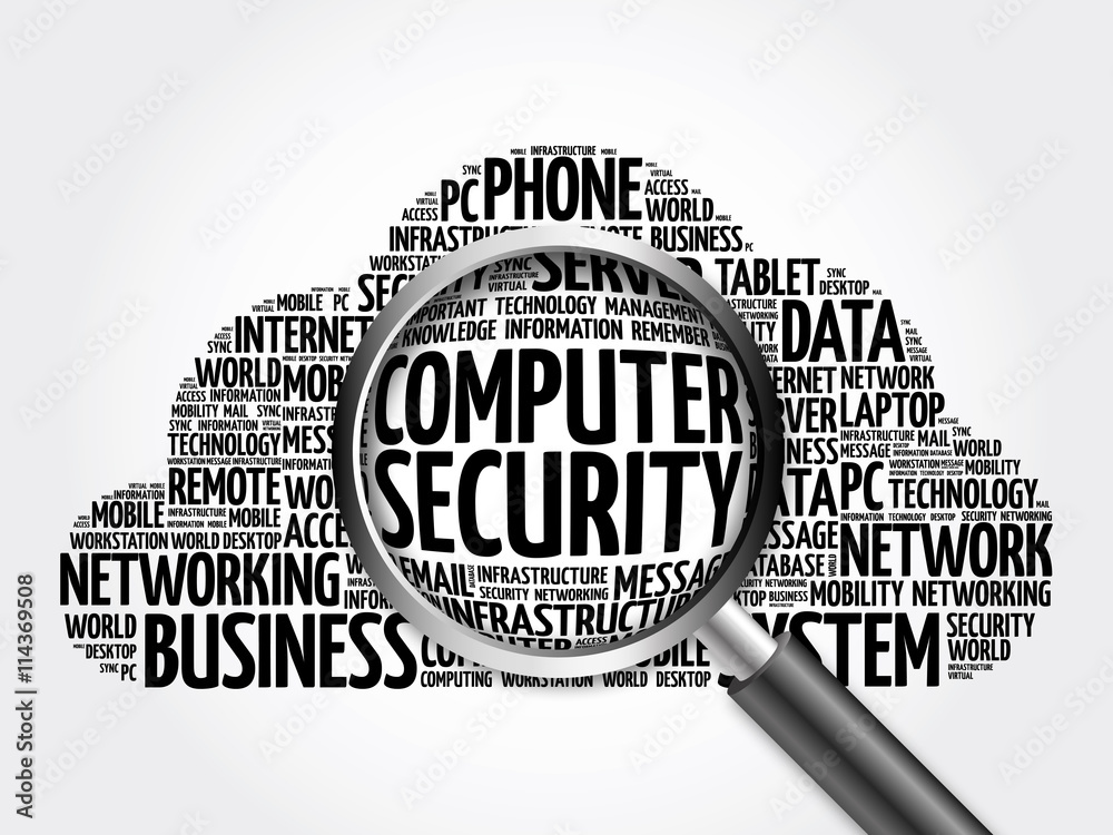 COMPUTER SECURITY word cloud with magnifying glass, business concept 3D illustration COMPUTER SECURITY word cloud with magnifying glass, business concept 3D illustration