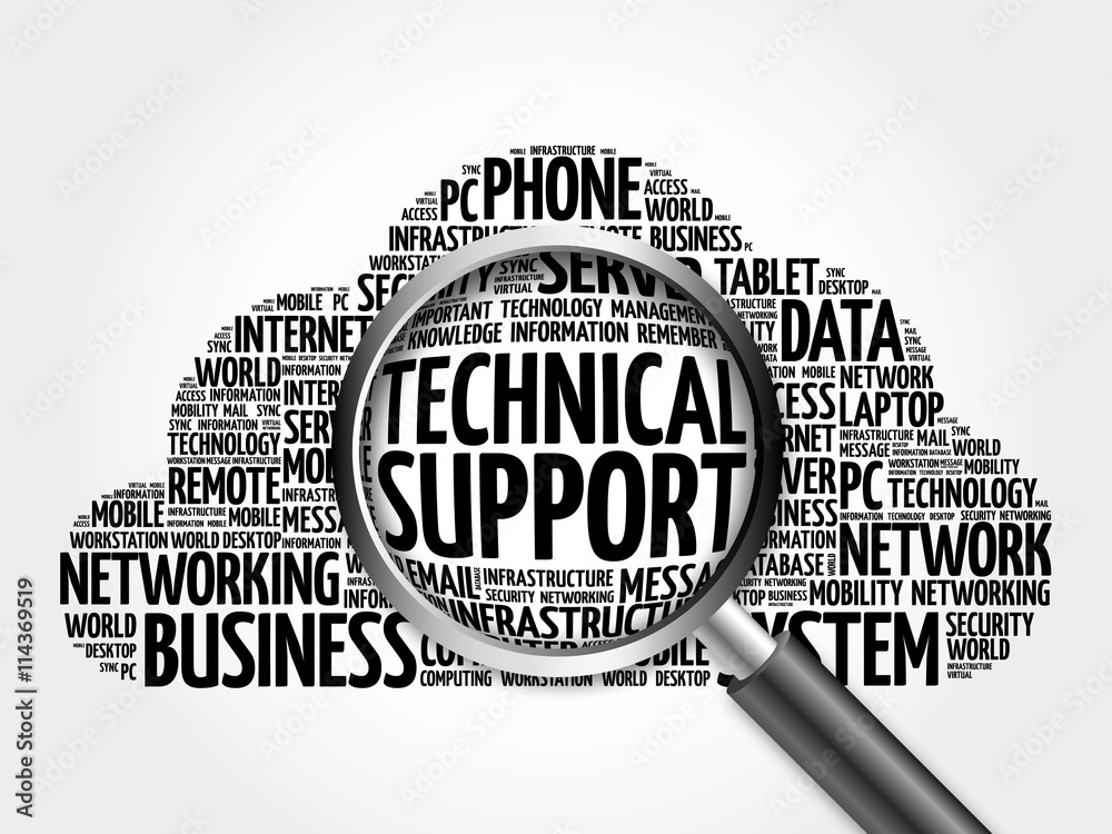Technical support word cloud with magnifying glass, business concept 3D illustration Technical support word cloud with magnifying glass, business concept 3D illustration