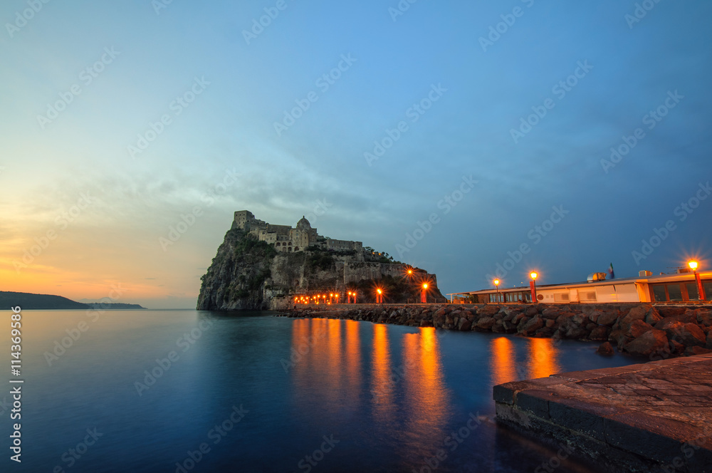 Aragonese castle at sunrise. Bay of Naples, Ischia island, Italy