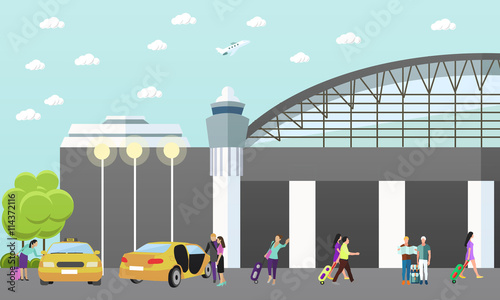 Taxi service company vector concept banner. People catch yellow cab in airport.