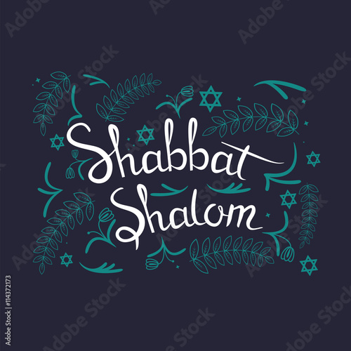 Hand written lettering with text "Shabbat shalom". Typographical design element for jewish holiday shabbat.