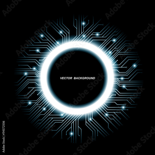 Collection of vector microchip designs, CPU. Information communication technology elements with sparkles, blue luminescent circuit boards in the shape of circle.