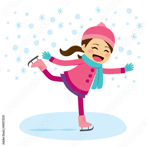Cute little girl wearing warm winter clothes ice skating on frozen surface