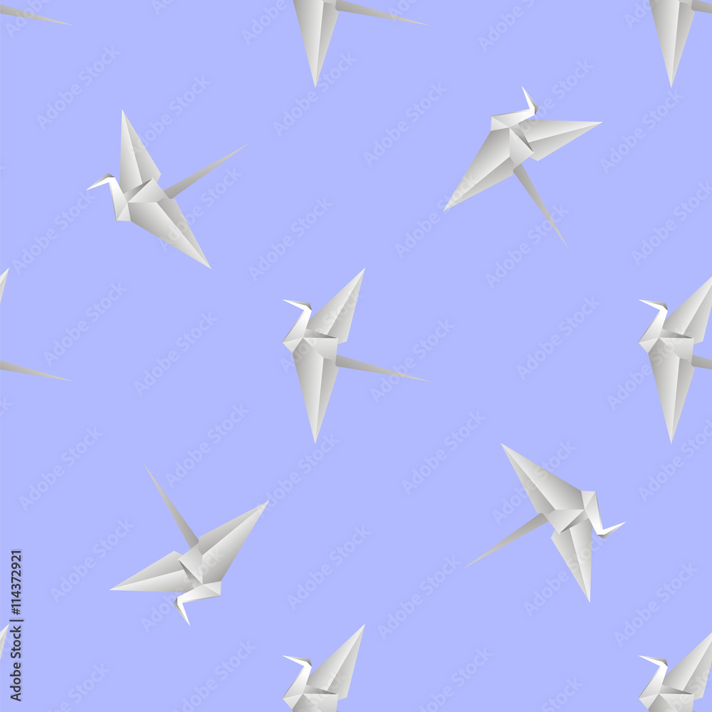 Paper Birds Isolated on Blue Background. Symbol of Peace. Seamless Pattern