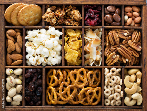 Canvas Print Variety of healthy snacks overhead shot