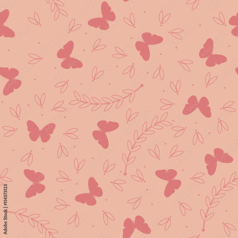 Cute seamless pattern with butterflies, plants and petals