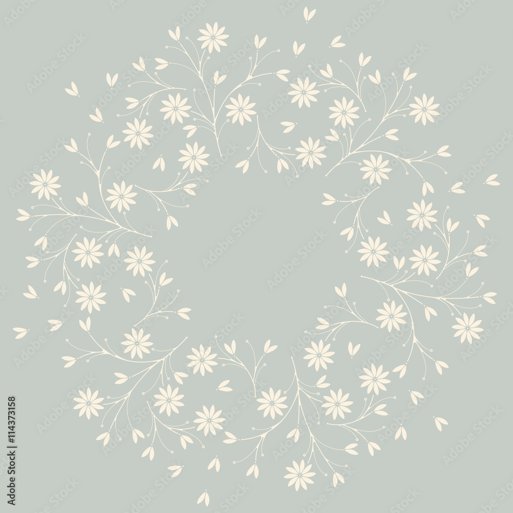Cute round frame with petals, flowers and leaves