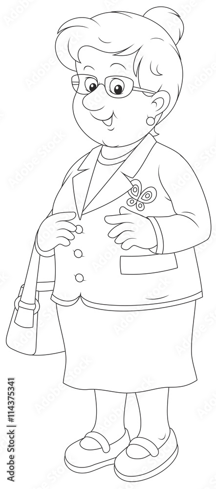 Smiling elderly lady. Black and white vector illustration of a white-headed aged woman friendly smiling