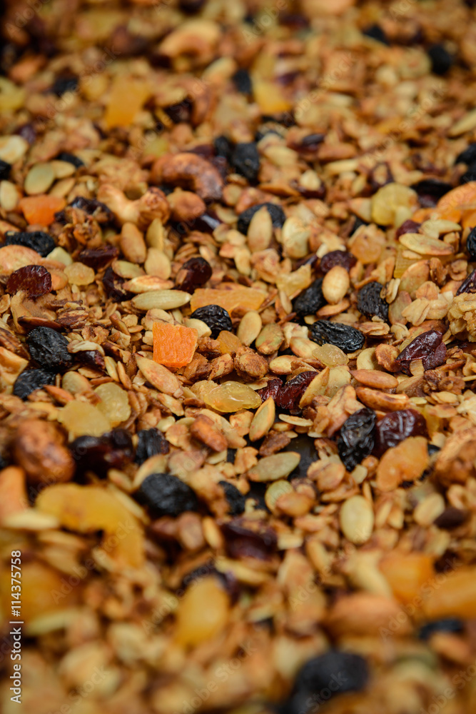 Muesli background. Close up. Muesli background. Close up.