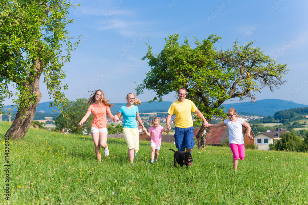 Vater mit Kindern rennt über grüne Wiese im Gras