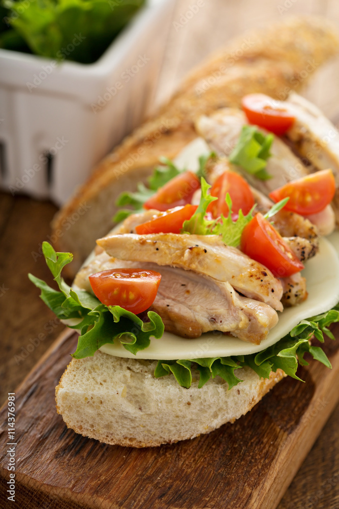 Grilled chicken sandwich with basil and tomatoes Grilled chicken sandwich with basil and tomatoes