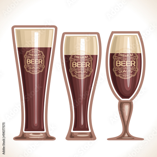 Vector logo for glass cups of beer, consisting of 3 cups, filled to the brim dark porter beer on a white background. On glass pint with alcohol drink label: Premium quality