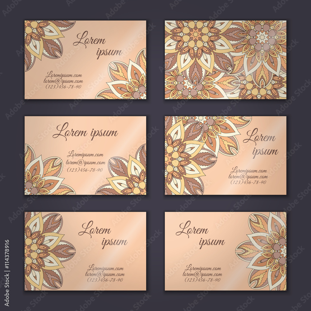 Business card collection, delicate floral mandala pattern. Vintage decorative elements. Hand drawn background.
