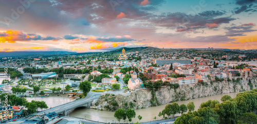 Evening View Of Tbilisi At Colorful Sunset. Georgia. Summer City photo