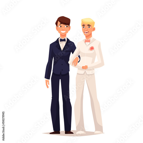 wedding of two gay, comic cartoon vector illustration isolated on white background, a young married couple of two gay men, marriage process two gay person
