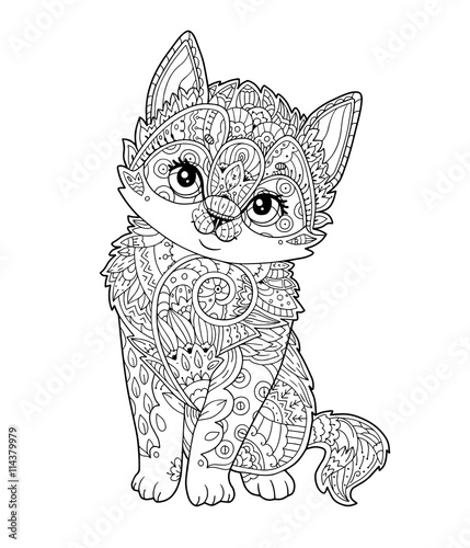 Sitting kitten in zentangle style in vector. Hand drawn sketch little cat with floral oprament. Adult antistress coloring page. Doodle. Line art. Decorative element for T-shirt emblem, tattoo, logo.