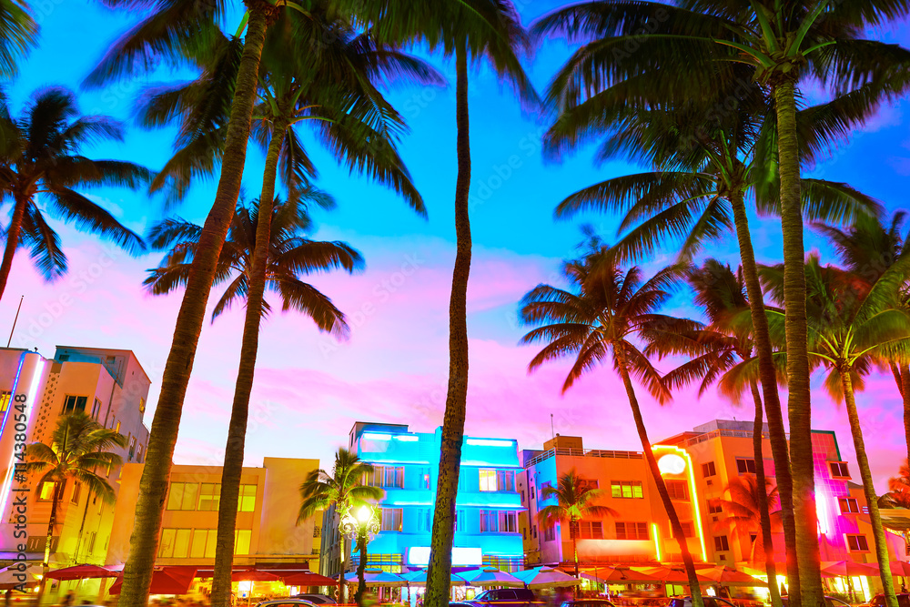 Obraz premium Miami South Beach zachód słońca Ocean Drive Florida