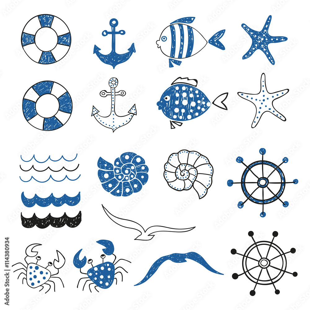Sea set. Collection of marine symbols. Hand drawn vector illustration ...