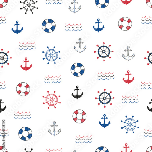 Nautical seamless pattern. Vector background with doodle marine symbols.