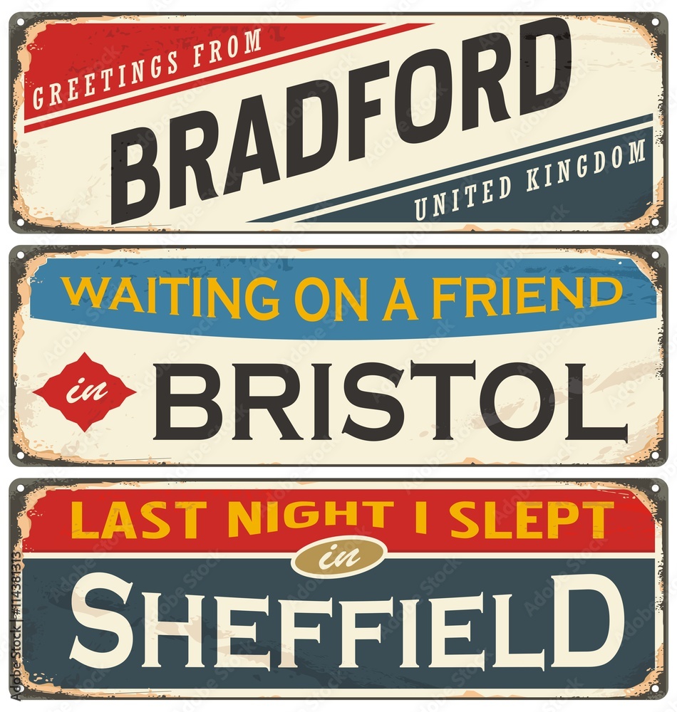 Fototapeta premium Vintage metal signs collection with UK cities