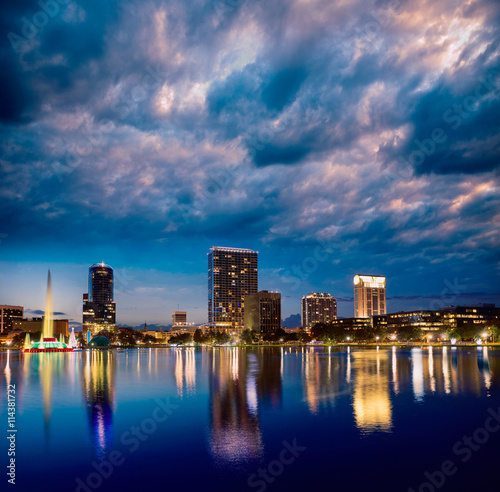 Orlando skyline sunset at lake Eola Florida US