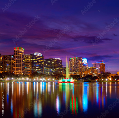 Orlando skyline sunset at lake Eola Florida US